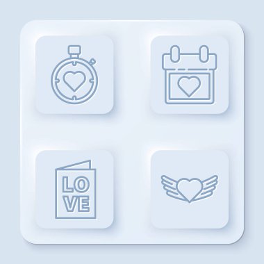 Kalp 'i kronometreye yerleştir, takvimi kalple ayarla sevgililer günü partisi broşürü ve kanatlı kalp. Beyaz kare düğme. Vektör