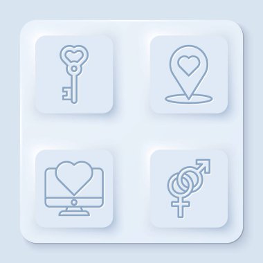 Çizgi anahtarını kalp şeklinde, harita işaretçisini kalple, bilgisayar monitörünü kalp ve cinsiyetle ayarla. Beyaz kare düğme. Vektör