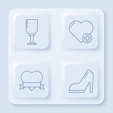 Çizgi, şarap kadehi, kalp, kurdele ve yüksek topuklu kadın ayakkabısı. Beyaz kare düğme. Vektör