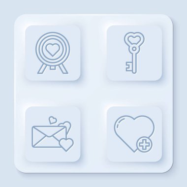 Dartların ortasına Kalp 'i hedef al, anahtar kalp şeklinde, Zarf' ı kalp ve kalple doldur. Beyaz kare düğme. Vektör