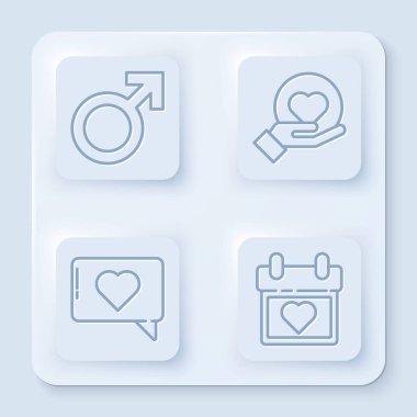 Erkek cinsiyet sembolü, kalp hazır, kalp ve takvim. Beyaz kare düğme. Vektör