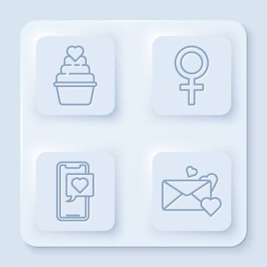 Yürekli düğün pastası, cinsiyet sembolü, kalp konuşma balonlu akıllı telefon ve yürekli zarf. Beyaz kare düğme. Vektör