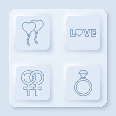 Balonlar kalp, aşk metni, kadın cinsiyet sembolü ve nikah yüzükleri şeklinde dizilsin. Beyaz kare düğme. Vektör