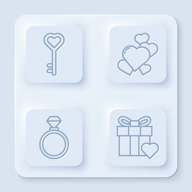 Anahtar 'ı kalp şeklinde ayarla, Kalp, alyans, hediye kutusu ve kalp. Beyaz kare düğme. Vektör