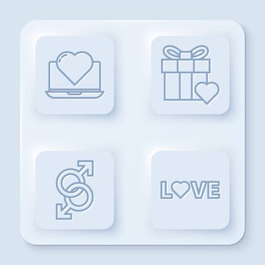 Dizüstü bilgisayarı kalp, hediye kutusu ve kalp, erkek cinsiyet sembolü ve aşk metni ile ayarla. Beyaz kare düğme. Vektör