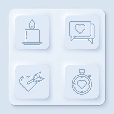 Yakıcı mumu, kalbi, kalbi, okuyla Amour 'u ve kalbi kronometreye yerleştirin. Beyaz kare düğme. Vektör