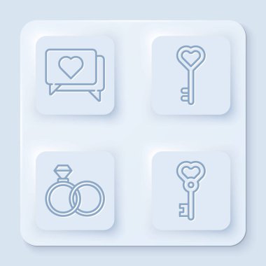 Sevgi ve kalp, kalp şeklinde anahtar, alyans ve kalp şeklinde anahtar. Beyaz kare düğme. Vektör