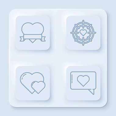 Kalp ve kurdele, dartın ortasına kalp, hedef, kalp, beğeni ve kalp. Beyaz kare düğme. Vektör