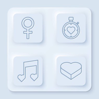 Dişi cinsiyet sembolü, merkezdeki kalp kronometresi, nota, kalp şeklinde kalp ve şeker içeren ton. Beyaz kare düğme. Vektör