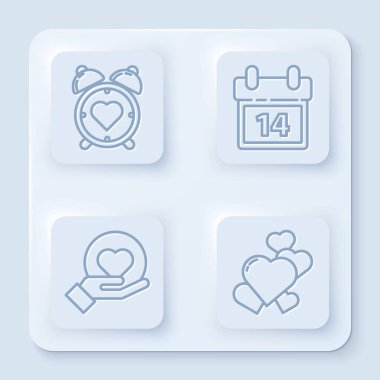 Hat merkezdeki çalar saate, Takvim 14 Şubat 'a, Kalp ve Kalp' e ayarlandı. Beyaz kare düğme. Vektör