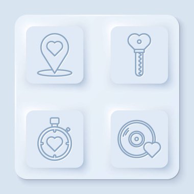 Kalp şeklinde bir çizgi haritası, kalp şeklinde bir anahtar, merkezi kronometrede bir kalp ve romantik müzik. Beyaz kare düğme. Vektör