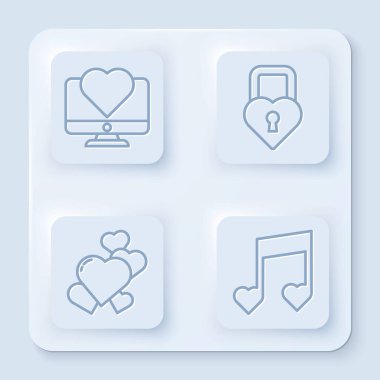 Bilgisayar monitörünü kalple ayarla, Castle 'ı kalp şeklinde, Kalp ve Müzik notası şeklinde, tonu kalp şeklinde. Beyaz kare düğme. Vektör