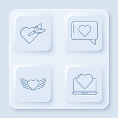 Kalbi ve kalbi olan Amour 'u, kanatları olan Heart' ı ve kalbi olan laptop 'u ayarla. Beyaz kare düğme. Vektör
