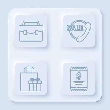 Evrak çantası, telefon, 24 saat destek, hediye kutusu ve kağıt çek ve mali kontrol. Beyaz kare düğme. Vektör