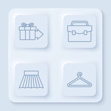 Hediye kutusu, evrak çantası, etek ve elbise dolabı. Beyaz kare düğme. Vektör