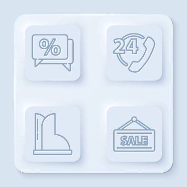 İndirim yüzde etiketi, 24 saat telefon desteği, su geçirmez lastik bot ve Satılık Asılma tabelası ayarla. Beyaz kare düğme. Vektör