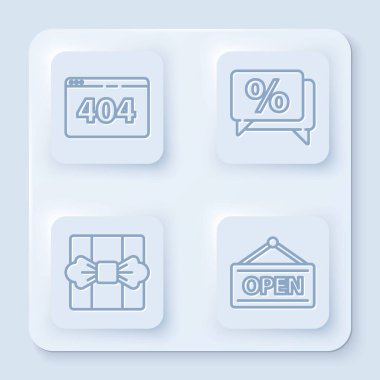 Satır Sayfasını 404 hata, yüzde indirim etiketi, hediye kutusu ve Açık Asılma tabelasıyla ayarla. Beyaz kare düğme. Vektör