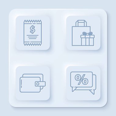 Satır kağıdını ve mali çekini ayarla, hediye kutusu, cüzdan ve indirim yüzde etiketi. Beyaz kare düğme. Vektör