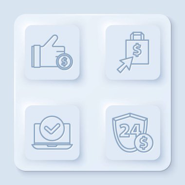 Hat El madeni para, para çantası ve dolar, dizüstü bilgisayar ve kalkanla dolar. Beyaz kare düğme. Vektör