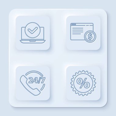 Dizüstü bilgisayar, çevrimiçi alışveriş, telefon 24 saat destek ve yüzde indirim etiketi ayarla. Beyaz kare düğme. Vektör