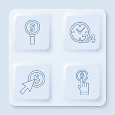 Çizgi büyüteç ve dolar, saat 24 saat, İmleç ve madeni para ve bozuk para. Beyaz kare düğme. Vektör