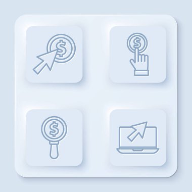 İmleç ve madeni para, el sikkesi, büyüteç ve dolar, dizüstü bilgisayar ve imleç ayarlayın. Beyaz kare düğme. Vektör