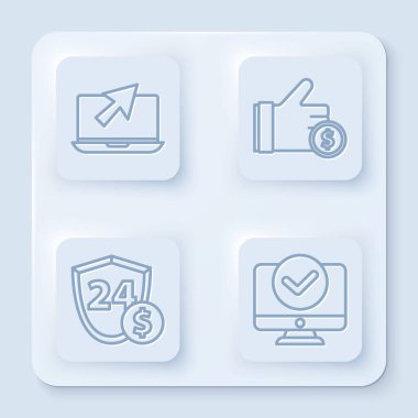 Dizüstü bilgisayarı ve imleci ayarlayın, El Parası, Dolar ve Bilgisayar monitörlü kalkan. Beyaz kare düğme. Vektör