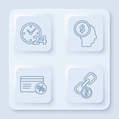 Saati 24 saat kur, İşadamı zihin planlaması, yüzde yüz indirimli kart, zincir halkası ve bozuk para. Beyaz kare düğme. Vektör