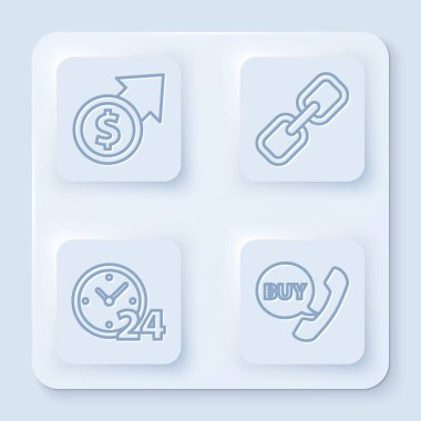 Finansal büyüme ve madeni para, zincir halkası, saat 24 saat ve Buy ile telefon ve konuşma balonu ayarlayın. Beyaz kare düğme. Vektör