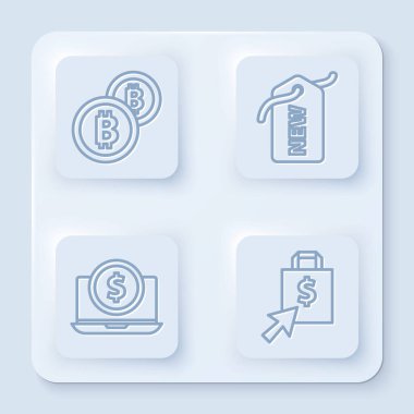 Şifreli para Bitcoin, Yeni Fiyat etiketi, Dolarlı dizüstü bilgisayar ve Shoping çanta ve dolar. Beyaz kare düğme. Vektör