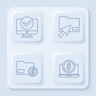 Satır bilgisayar monitörünü, İmleç tıklaması belge dizinini, bozuk parayla Zarf 'ı ve dolarla Laptop' u ayarla. Beyaz kare düğme. Vektör