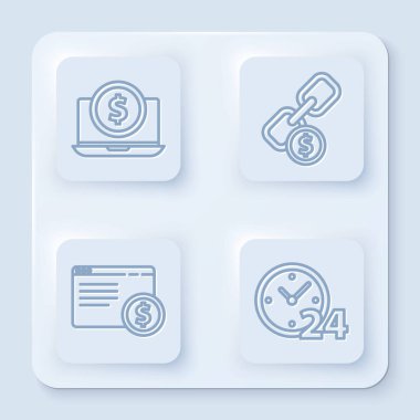 Dizüstü bilgisayarı dolar, zincir bağlantısı ve madeni parayla çevrimiçi alışveriş ve 24 saat içinde ayarla. Beyaz kare düğme. Vektör