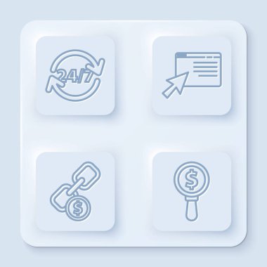 Saati 24 saat kur, çevrimiçi alışveriş ekranda zincir bağlantısı, bozuk para ve büyüteç ve dolar. Beyaz kare düğme. Vektör