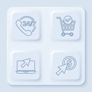 Telefon hattını 24 saat destekle, işaretli alışveriş arabası, dizüstü bilgisayar, imleç, imleç ve madeni para. Beyaz kare düğme. Vektör