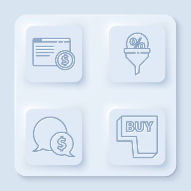 Çevrimiçi alışverişi ekrana yansıt, ana yönetim, dolar ve satın alma düğmesi ile konuşma balonu. Beyaz kare düğme. Vektör