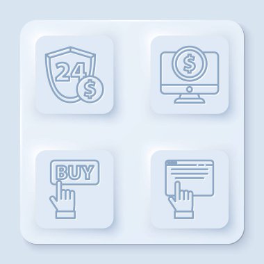 Satır kalkanını dolarla, bilgisayar monitörünü dolarla, satın alma düğmesini ve online alışverişi ekranda ayarla. Beyaz kare düğme. Vektör