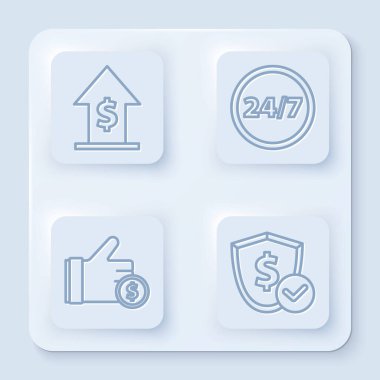 Finansal büyüme ve madeni para, saat 24 saat saat saat, madeni para ve kalkanı dolar ile tutmak. Beyaz kare düğme. Vektör