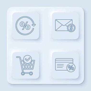 İndirim yüzde etiketi, bozuk parayla Zarf, çek işaretli alışveriş arabası ve yüzde ile indirim kartı ayarla. Beyaz kare düğme. Vektör