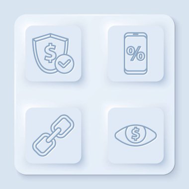 Satır kalkanını dolarla, yüzde indirimi ve cep telefonu ile, zincir bağlantısını ve doları ile ayarla. Beyaz kare düğme. Vektör