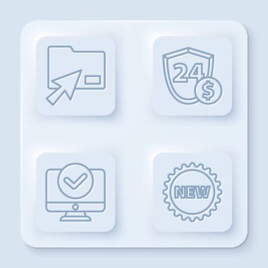 Satır İmleci tıklaması belge dizinini ayarla, Dolar ile Kalkan, Bilgisayar monitörü ve Yeni ile Price etiketi. Beyaz kare düğme. Vektör