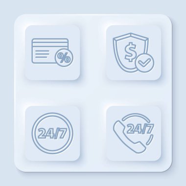 İndirim kartını yüzdeyle, kalkanı dolarla, saati 24 saatle ve telefon desteğini 24 saatle ayarla. Beyaz kare düğme. Vektör