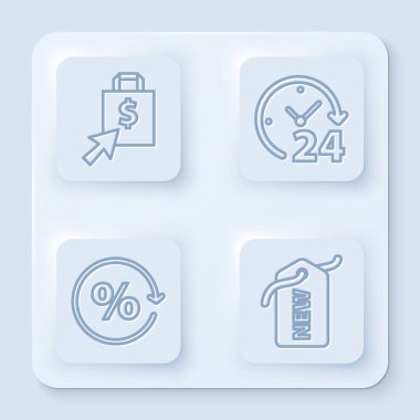 Shoping çanta ve dolar, Clock 24 saat, indirimli yüzde etiket ve Price etiketi ile New. Beyaz kare düğme. Vektör