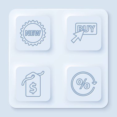 Satır fiyatını Yeni, Satın Al düğmesi, Fiyat etiketini dolar ve indirimli yüzde etiketle belirleyin. Beyaz kare düğme. Vektör