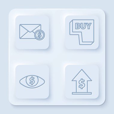 Zarfı bozuk parayla, satın alma düğmesiyle, gözü dolarla, maddi büyümeyle ve parayla ayarla. Beyaz kare düğme. Vektör