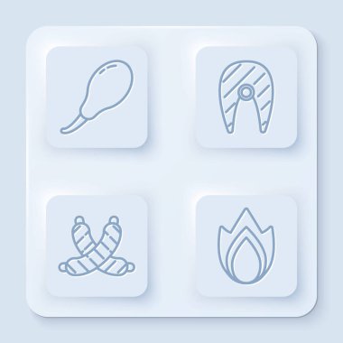 Hattı ayarla tavuk budu, balık bifteği, çapraz sosis ve alev. Beyaz kare düğme. Vektör