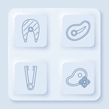 Balık bifteği, biftek, et maşası ve taze donmuş biftek. Beyaz kare düğme. Vektör