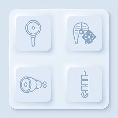 Kızartma tavası, taze donmuş balık bifteği, tavuk budu ve şiş şiş kebap. Beyaz kare düğme. Vektör