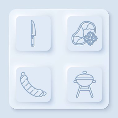 Sıralı bıçak, taze donmuş biftek, sosis ve ızgara. Beyaz kare düğme. Vektör