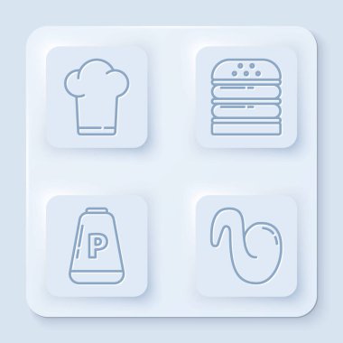 Şef şapkası, Burger, Biber ve Kızarmış Tavuk Kanadı. Beyaz kare düğme. Vektör