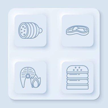 Salami sosisi, biftek, ızgara balık bifteği, ateş alevi ve hamburger. Beyaz kare düğme. Vektör